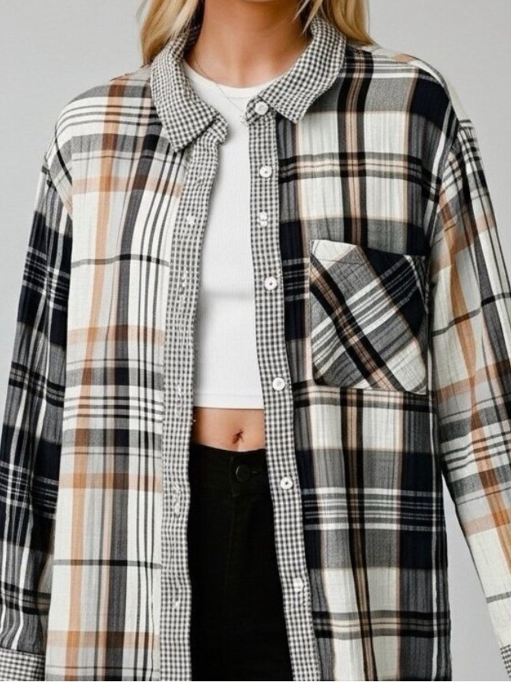 Aerie Plaid Button Down Shirt Size XS Neutral Cotton Gauze Beach Casual Shirt